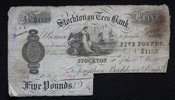 Stockton on Tees, White Five Pounds, date issued 14th November 1885 for J. Backhouse & Co. Grade: FAIR