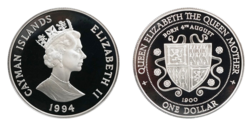 Cayman Islands, 1994 Dollar, Rev: 'Queen Mother's arms' Silver Proof in Capsule FDC