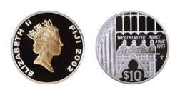 Fiji Island, 10 Dollars 2002 Silver Proof FDC in Capsule. Subject: Queen Elizabeth II - 50 years of Reign