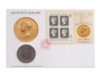 Isle of Man, 1990 One Crown, Coin/Stamp Cover. 50th Anniversary of 'The Penny Black stamp' UNC