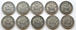 George VI. Shilling English Set, (1937-1946) Silver date run 10 Coins, F to GF.