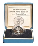 1985 UK One Pound, Silver 'Piedfort' Proof, reverse, features the National Emblem of Wales -the Leek, FDC
