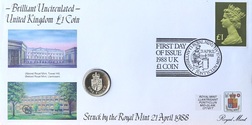 One Pound, 1988 First Day Cover reverse representing United Kingdom, issued by the Royal Mint UNC