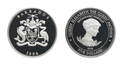 Barbados, 5 Dollars 1994 'Engagement Portrait (1923)' Silver Proof in Capsule & Royal Mint Certificate, FDC