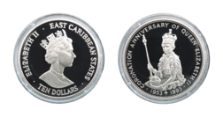 East Caribbean States, 10 Dollars 1993 Silver Proof, Rev: 40th Anniversary of the Coronation of Queen Elizabeth II.