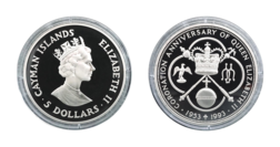 Cayman Islands, 5 Dollars 1993 Silver Proof, Rev: 40th Anniversary of the Coronation of Queen Elizabeth II.