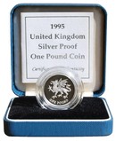 1995 UK, One Pound Silver Proof, Boxed with Royal Mint Certificate FDC