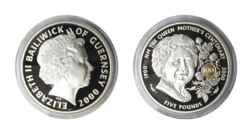Guernsey, 2000 Five Pounds '100th Birthday of the Queen Mother' Stunning Silver Proof in Capsule FDC