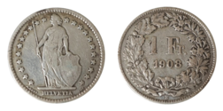 Switzerland, 1908B Silver Franc, aVF