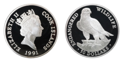 Cook Islands, 50 Dollars 1991 Endanered Wildlife "Falcon" Silver Proof Coin, encased in Capsule of issue FDC