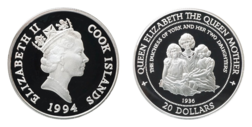 Cook Islands, 20 Dollars 1994 Commemorating 'The Lady of the Century' Silver Proof choice FDC in Capsule only