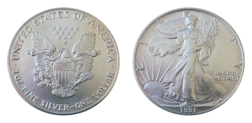US, 1991 One Dollar, 1 ounce 0.999 silver Eagle, UNC