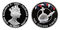 Falkland Islands, 2002 Golden Jubilee 50p Crown, Silver Proof, "ORB & SCEPTRE" in Capsule. FDC 70018