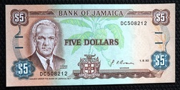 Jamaica, Five Dollars Issued 1.8.92 Crisp Uncirculated