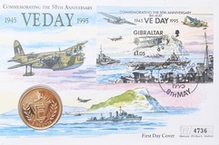 Gibraltar, 1995 £5 Five Pounds, 'VE DAY' Enclosed within a First Day Cover Issued by Mercury, UNC