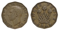 1949  Threepence (Brass) GF+, Scarce