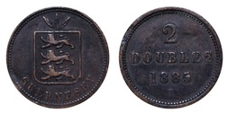 Guernsey, 1885 2 Double, GF edge bumps