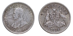 Australian, 1914 Sterling silver Threepence, GF