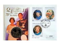 Turks & Caicos Islands, 5 Dollars 1996 Queen Elizabeth II "70th Birthday" Commeorative Cover Cover, as Issued UNC No 2581