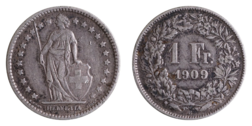 Switzerland, 1909B Silver 1 Franc, GF