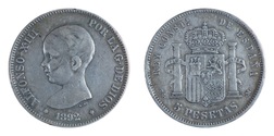 Spain 1892 Silver 5 Pesetas — Alfonso XIII (2nd portrait), VF