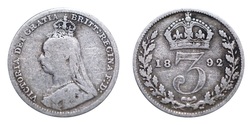 1892 Victoria JH. Silver 3d, Fine