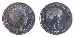 1999 £5 Five Pounds, Diana Princess of Wales Memorial £5 Crown, EF