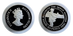 Ascension Island, 1995 50 Pence Silver Proof Coin Honouring the life of H.M. Queen Elizabeth The Queen Mother, in original capsule & Certificate, FDC