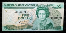 East Caribbean States, Five Dollars, (1986-88) "Montserrat" Pick 18m Crisp Uncirculated