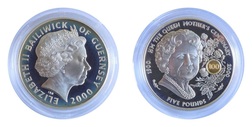 Guernsey, 2000 Five Pounds '100th Birthday of the Queen Mother' Silver Proof in Capsule aFDC
