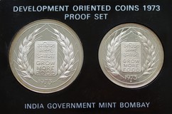 India, 10 & 20 Rupees 1973B Silver Proofs Rev: 'GROW MORE FOOD' Cased Set FDC, Very Scarce