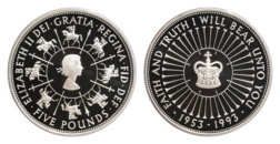 1993 Five Pounds Silver Proof Rev: 'Coronation 40th anniversary' in Capsule with Royal Mint certificate FDC