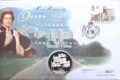 1996 Five Pounds Silver Proof Rev: Queen Elizabeth II 70th Birthday 1926-1996 in this Mercury First Day Cover
