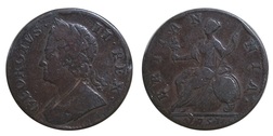1751 Halfpenny, obverse cut along collar, GF
