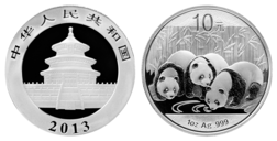 2013 Chinese 10 Yuan, one ounce 0.999 Silver Panda, UNC in Capsule