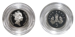 1990 Five Pence Silver Piedfort Proof, in capsule and certificate only FDC