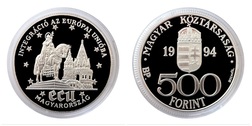 Hungary, 1994 500 Forint "Saint Stephen" Silver Proof Coin in capsule FDC