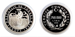 Turkey, 1996 EUROPE 750.000 LYE "La Turquie - Porte ouverte Vers 1 Europe" Silver Proof in Capsule, FDC
