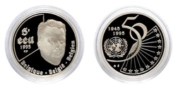 Belgium, 1995 Official 5 ECUs Commemorative "50 years of UNO" Silver Proof in capsule, FDC