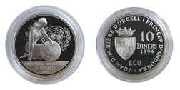 Andorra, 1994 Official ECU 10 Diners "Membership of the United Nations" Silver Proof in Capsule, FDC