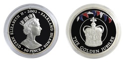 Falkland Islands, 2002 Golden Jubilee 50p Crown, Silver Proof, "St. EDWARD'S CROWN" in Capsule & Certificate. FDC 76579
