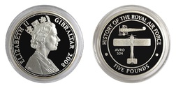 Gibraltar, 2008 Five Pounds RAF "AVRO 504" Silver Proof in Capsule FDC