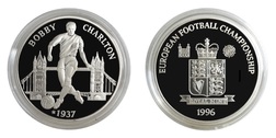 EUROPEAN FOOTBALL CHAMPIONSHIP '96 "Sir Bobby Charlton" Royal Mint Issue Silver Medal, Proof FDC