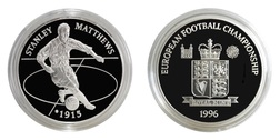 EUROPEAN FOOTBALL CHAMPIONSHIP '96 "STANLEY MATTHEWS 1915" Royal Mint Issue Silver Medal, Proof FDC