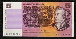 Australia, $5 Five Dollars Paper Banknote, (1985) Faser/Cole [QKJ 107900] Crisp Uncirculated
