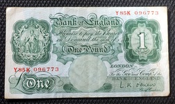 L.K. O'Brien Bank of England One Pound Banknote Y85K 0196773, VF